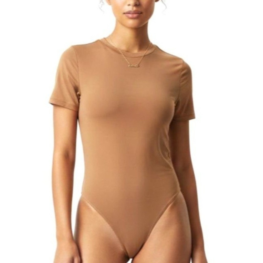 Quintessence Bodysuit Women S Brown Crew Neck Short‎ Sleeve Thong Snap
